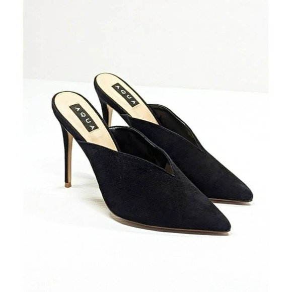 Aqua Women's Flare Mules Suede Pointed Toe High-Heel Black Size 9 (MSRP $99) - Picture 2 of 9